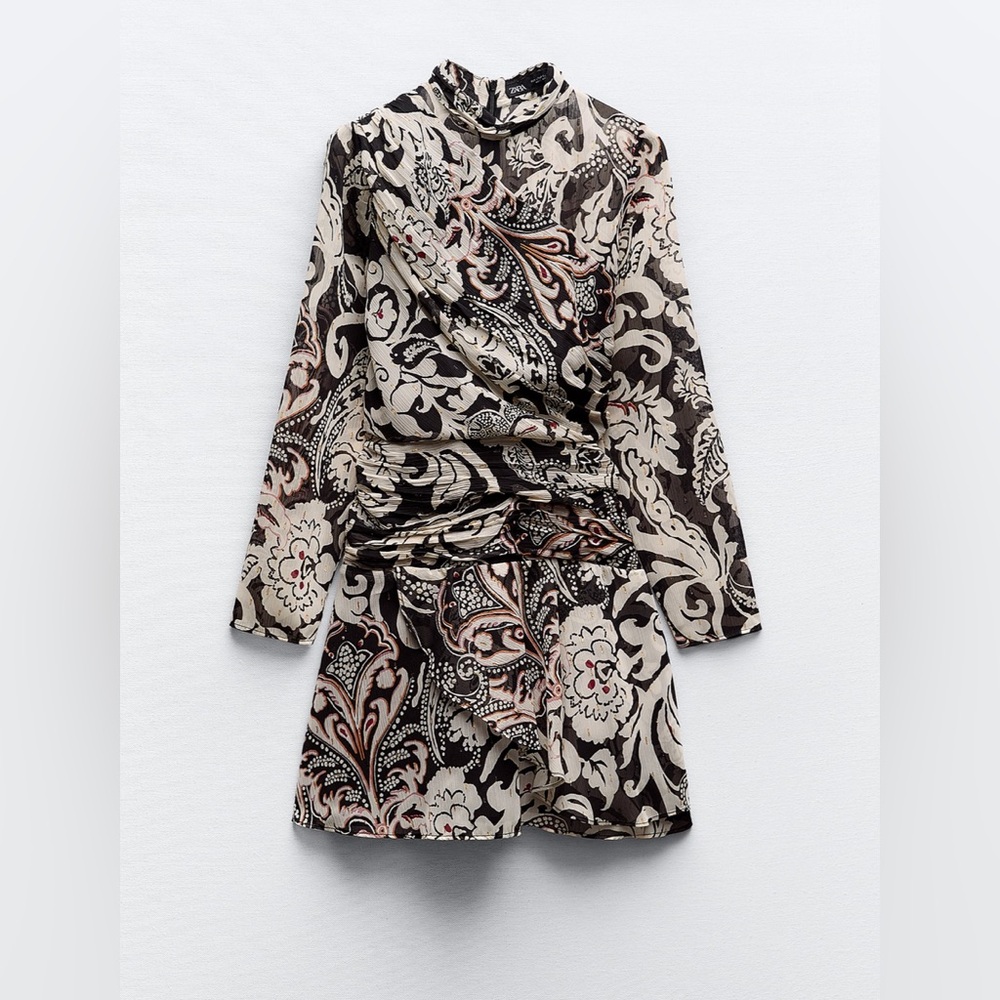 ZARA Paisley Printed Mini Dress Metallic Threads Turtleneck Ruched Size Large